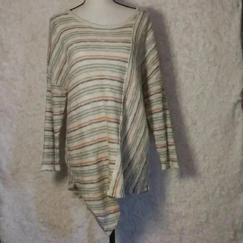 Democracy Sweater Women Lightweight High Low Multicolor Asymmetrical Striped Lg